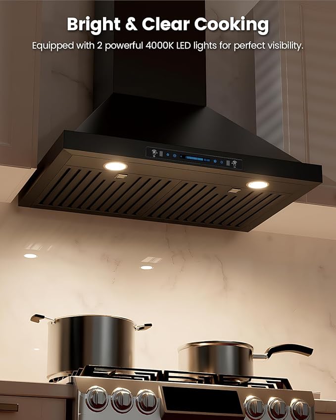 JOCO 30 Inch Black Wall Mount Range Hood, 900 CFM Stainless Steel Kitchen Chimney Vent Hood, Convertible for Ducted or Ductless Installation, 4-Speed Gesture/Touch/Remote Control P02-30G-B