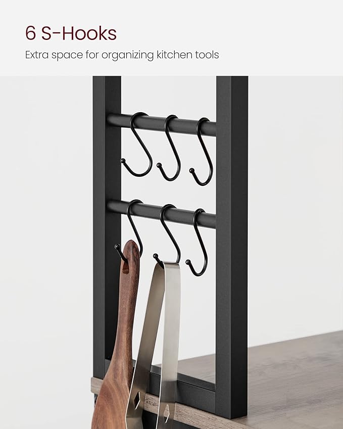 VASAGLE Coffee Bar, 23.6 Inches Baker's Rack for Kitchen with Storage, 6-Tier Kitchen Shelves with 6 Hooks, Microwave Stand, Industrial, Heather Greige and Ink Black UKKS024B02