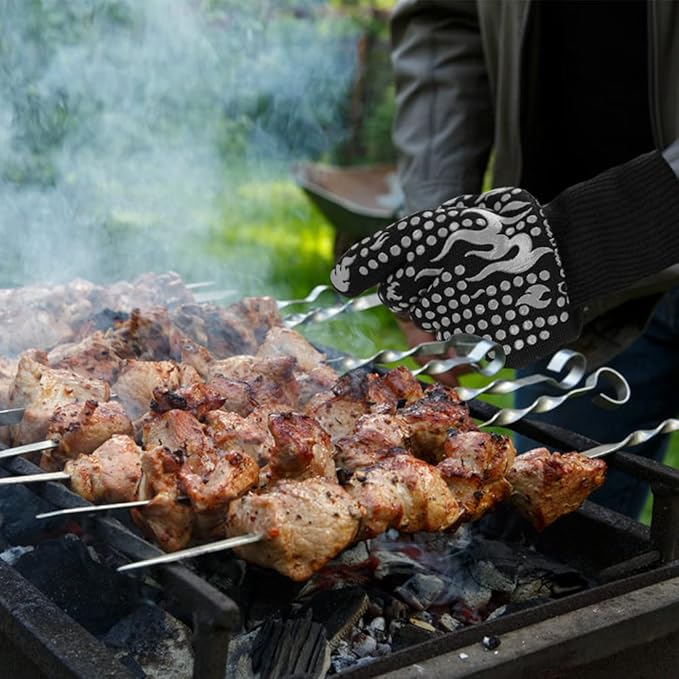 Comsmart BBQ Gloves, 1472 Degree F Heat Resistant Grilling Gloves Silicone Non-Slip Oven Gloves Long Kitchen Gloves for Barbecue, Cooking, Baking, Cutting(Gray)