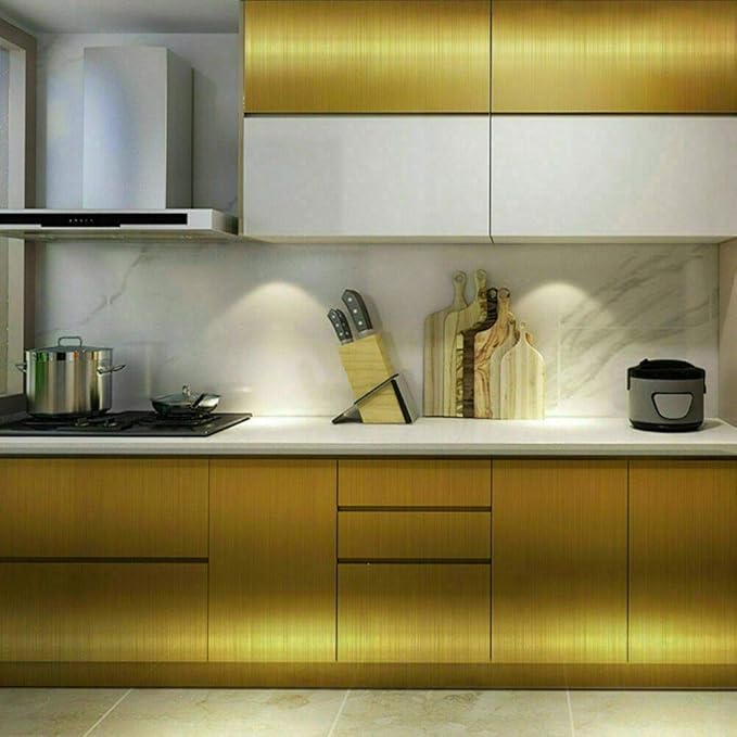 Hopepak 17.3''x197'' Gold Contact Paper Peel and Stick Metallic Self Adhesive Removable Wallpaper Waterproof Vinyl Roll for Furniture Shelf Liner Kitchen Appliances DIY Decor