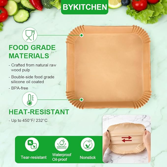 BYKITCHEN Large Air Fryer Liners for 8-12QT XL Airfryer, Compatible with CHEFMAN 8QT/ 10 QT/ 12QT & Instant Pot 10QT, 200PCS 10 Inch Disposable Airfryer Parchment Paper Liner, Air Fryer Accessories