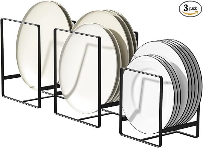 Metal Drying Rack, 3 Pack Inside Cabinet Plate Holders Organizers, Upright Dish Racks for Countertop and Cupboard, Large Capacity, Black (20x16x11.5 cm Each)