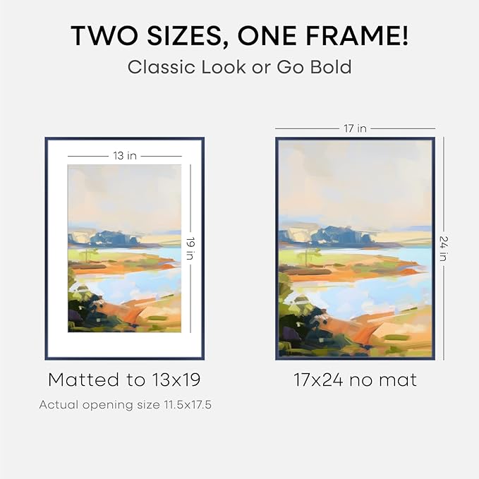 Homeforia 17x24 Picture Frame Navy Blue, High End Metal 17x24 Poster Frames with Mat 13x19 Photo, 17 x 24 Navy Blue Frame Matted to 13 by 19 Print, 24x17 Thin Frame, Tempered Glass, Wall Kit, Set of 1