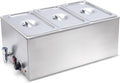 SYBO Commercial Grade Stainless Steel Bain Marie Buffet Food Warmer Steam Table for Catering and Restaurants, Good for Parties Buffet Servers and Warmers, 3 Sections with Tap, Sliver