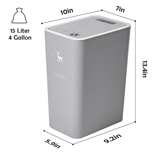 XPIY Trash Can with Lid, 2 Pack 4 Gallons/15 Liters Garbage Can with Press Top, Small Trash Can Dog Proof, Plastic Trash Bin, Waste Basket for Bathroom|Kitchen|Bedroom|Office (1, GreyWhite)