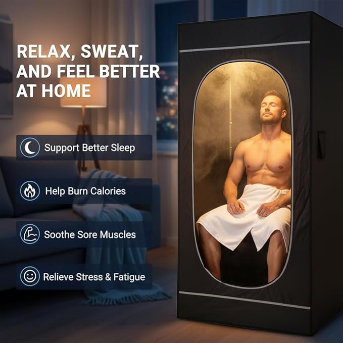 HomeCare Portable Home Sauna Box, Foldable Steam Room with 2.6L 1200W Steamer, 9 Temp & 90 Min Timer, Includes Folding Chair for Relaxation
