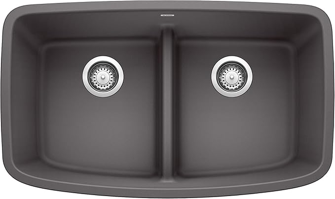 BLANCO, Cinder 442196 VALEA SILGRANIT 50/50 Double Bowl Undermount Kitchen Sink with Low Divide, 32" X 19"