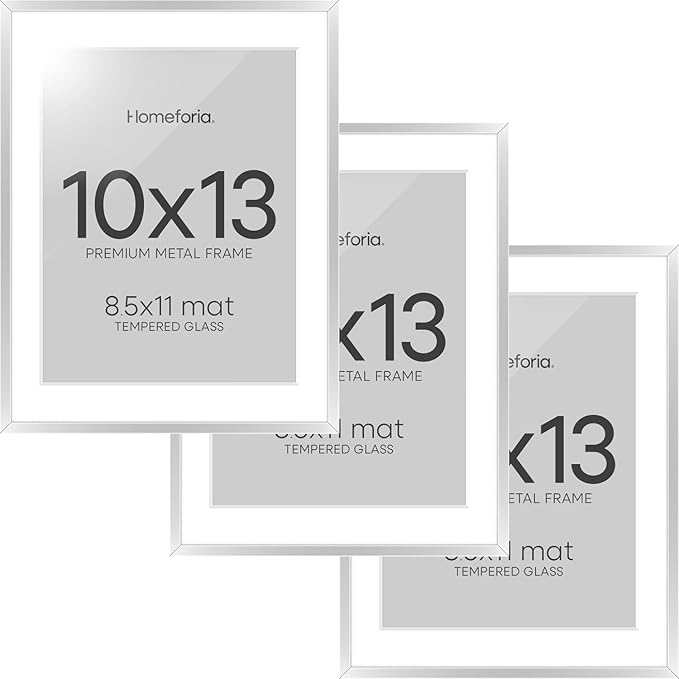 Homeforia 10x13 Picture Frame Silver, High End Metal 10x13 Frames with Mat 8.5x11, 10 x 13 Silver Poster Frames Matted to 8.5 x 11 inch Photo, 10by13 Hanging Frames, Tempered Glass, Wall Kit, Set of 3