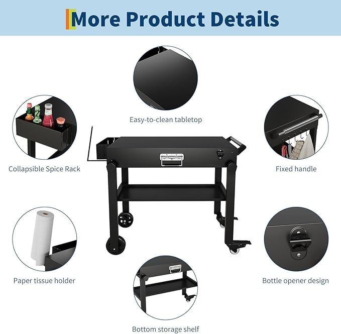 Portable Outdoor Grill Stand, Foldable Griddle Cart Table with Wheels, Pizza Oven Table Stand, Rolling Kitchen Work Table for BBQ Grilling, Food Trailer, Patio and Outdoor Cooking