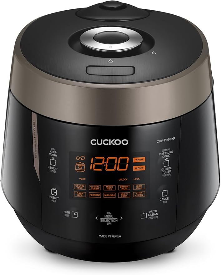 CUCKOO High Pressure Rice Cooker 6-Cup Uncooked / 12-Cup Cooked with Nonstick Inner Pot, Versatile Rice Maker with 12 Menu Options and Steam Plate, Fuzzy Logic Tech, Voice Guide, Black (CRP-P0609S)