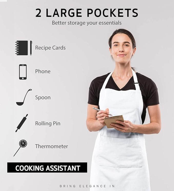 Syntus 12 Pack Bib Apron, Unisex Aprons Adjustable Thicker Version Waterdrop Resistant with 2 Pockets Cooking Kitchen Aprons for Women Men Chef, BBQ Drawing Apron Bulk, White