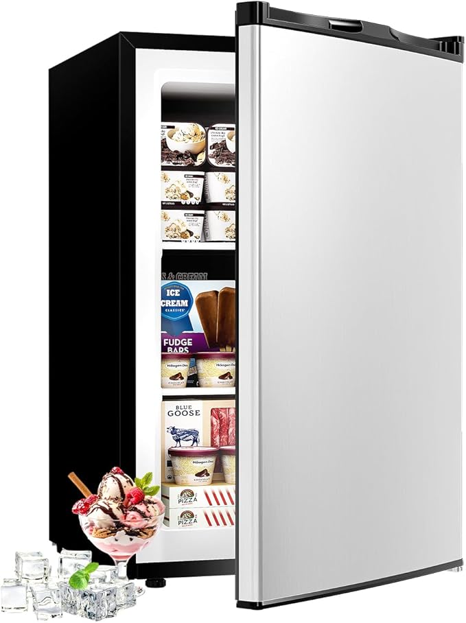 3.0 Cu.ft Upright freezer - Compact Mini Freezer with 7 Adjustable Thermostat, Removable Shelves, Reversible Single Door, 360°Uniform Cooling Small freezer for Home Office Dorm, Silver
