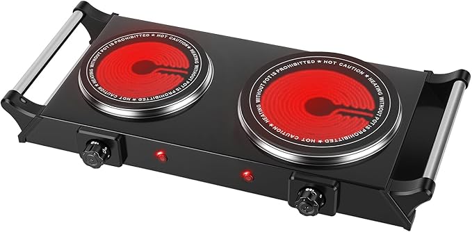 1800W Electric Double Burner, Portable Electric Stove, Hot Plate Countertop with Adjustable Temperature & Stay Cool Handles for RV Camping Home Dorm