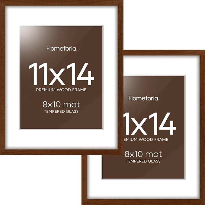 Homeforia 11x14 Brown Picture Frame, High End Dark Oak 11x14 Walnut Poster Frame with Mat 8x10, 11 x 14 Wooden Frame Matted to 8 by 10 inch Photo, 14x11 Thin Frames, Tempered Glass, Wall Kit, Set of 2