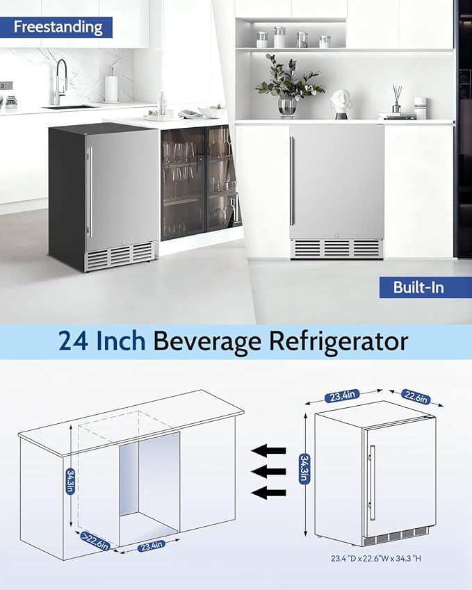 24 inch Beverage Refrigerator - 180 Cans Beverage Fridge Under Counter with Stainless Steel Door, Built-in or Freestanding Beer Fridge, Outdoor Refrigerator for Patio Kitchen Home Bar