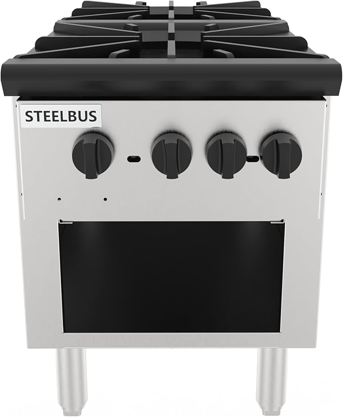 2 Burner Commercial Stock Pot Range with Storage Cabinet, Heavy Duty Gas Stove with 4 Cast Iron Burners, 180000 BTU, Stainless Steel Body, Natural Gas/Propane, 3/4" NPT