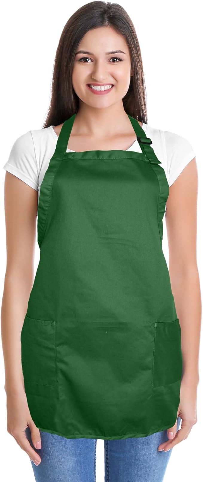 Apron Commercial Restaurant Home Bib Spun Poly Cotton Kitchen Aprons (2 Pockets) in Dark Green 2 Pack