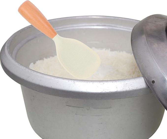 Heat Resistant Silicone Rice Paddle with Wooden Handle Non-Stick Self-Standing Rice Scoop for Cooker Ergonomic Anti-Slip Grip Kitchen Serving Spoon