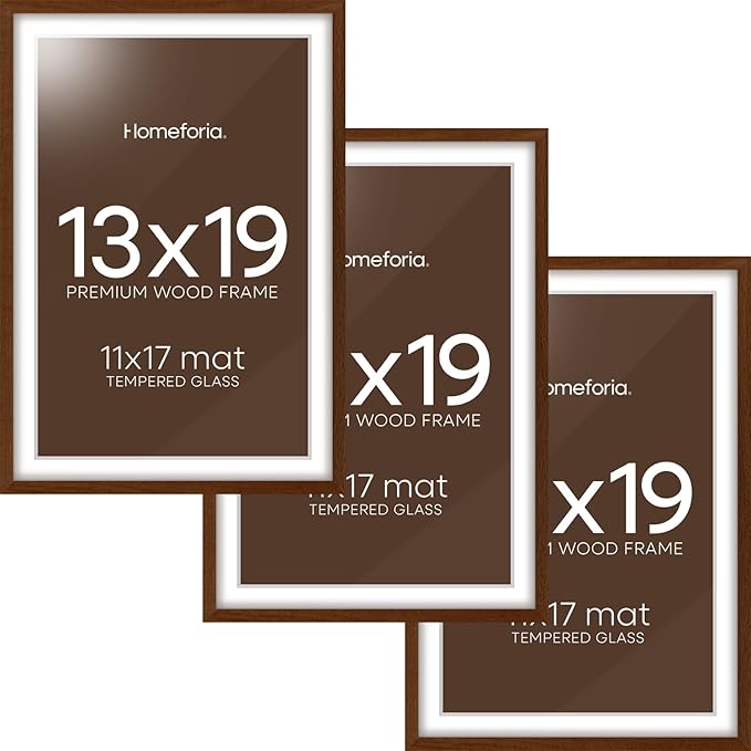 Homeforia 13x19 Picture Frame Brown, High End Dark Oak 13x19 Wooden Frames with Mat 11x17, 13 x 19 Walnut Wood Poster Frame Matted to 11 by 17, 19x13 Hanging Frames, Tempered Glass, Wall Kit, Set of 3
