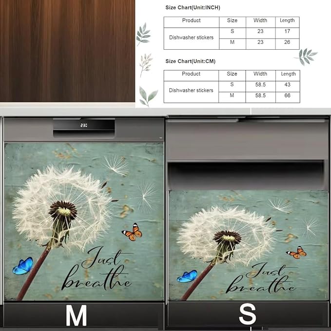 Farm Floral Dandelion Dishwasher Magnet Cover,23"" x 26"" Dishwasher Cover,Retro Countryside Butterfly Magnetic Decal Vinyl Sticker Kitchen Decor Refrigerator Magnets Self Adhesive Wrap, Just Breathe