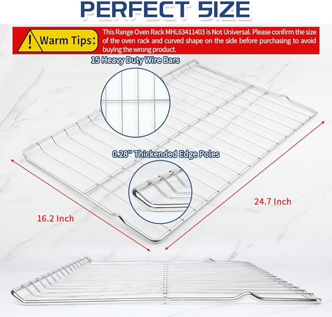 [Upgraded] 2Pcs Range Standard Oven Racks MHL63411403 for LG Range Ovens, Stainless Steel Oven Shelf Rack Replacement Part, 24.7'' Wide x16.2'' Deep