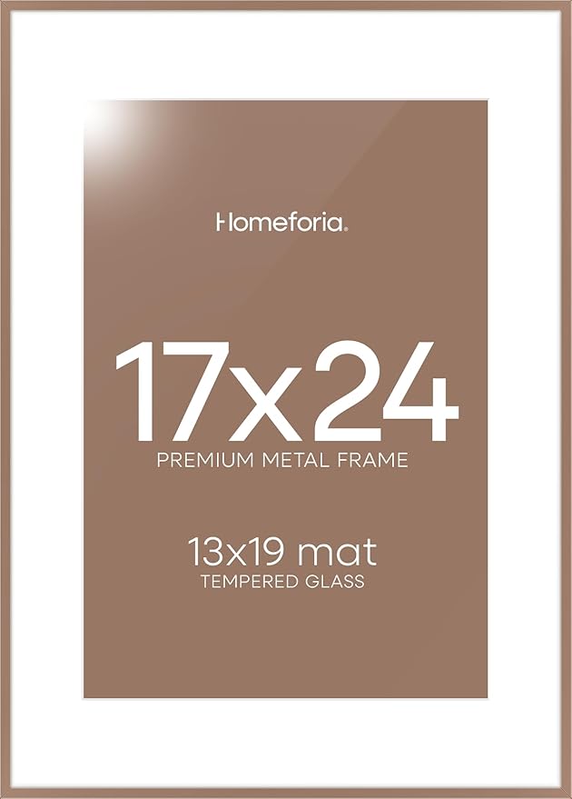 Homeforia 17x24 Picture Frame Mocha, High End Metal 17x24 Poster Frames with Mat 13x19 Photo, 17 x 24 Mocha Frame Matted to 13 by 19 Print, 24by17 Thin Hanging Frames, Tempered Glass, Wall Kit, Set of 1