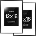Homeforia 12x18 Picture Frame Black, High End Metal 12x18 Poster Frames with Mat 8.5x11 Photo, 12 x 18 Black Frames Matted to 8.5 by 11 inch Print, 18x12 Thin Frame, Tempered Glass, Wall Kit, Set of 2