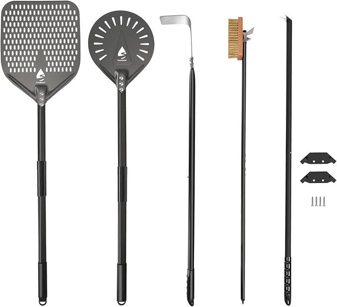 5-Piece Pizza Oven Kit, 9 Inch Turning Peel & 12 Inch Perforated Pizza Peel with 40 Inch Aluminum Handle, Pizza Oven Brush, Ash Rake, Pizza Fork for Home & Commercial Use