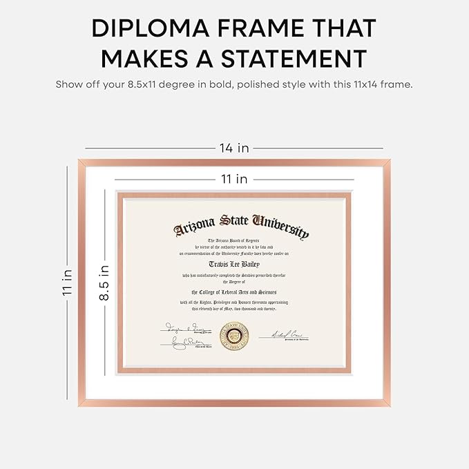 Homeforia 11x14 Diploma Frame Rose Gold, High End Metal 11 x 14 Certificate Frames with Mat 8.5x11, 14x11 Document Frame Matted to 8.5 x 11, Award Graduation Frames, Tempered Glass, Wall Kit, Set of 1