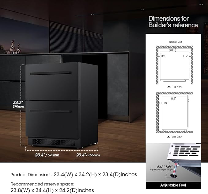 24' mini fridge Under Counter Double Drawer Beverage Refrigerator, Indoor & Outdoor Fridge for Patio, Kitchen & Bar, Weatherproof, Black
