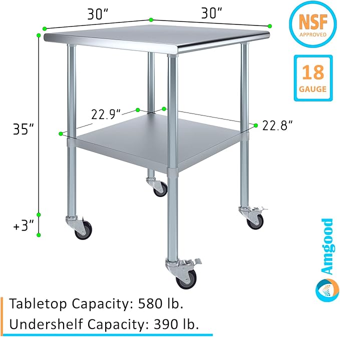 AmGood 30" Long x 30" Deep Stainless Steel Table with Casters