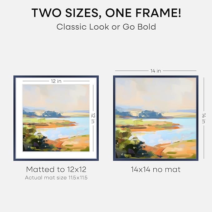 Homeforia 14x14 Picture Frame Navy Blue, High End Metal 14 x 14 Square Poster Frame with Mat 12 x 12 Photo, 14x14 Frame Matted to 12x12 Print, 14by14 Hanging Frames, Tempered Glass, Wall Kit, Set of 2