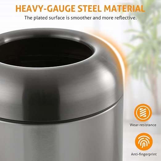 WICHEMI 16 Gallon Commercial Large Trash Can, Bullet Outdoor Trash Bin with Open Top Lid, Brushed Stainless Steel Garbage Can, Dark Silver