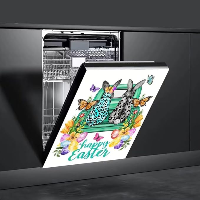 Happy Easter White Magnetic Dishwasher Cover Vinyl Sticker, Farm Bunnies Floral Dishwasher Magnet Cover, Easter Eggs Fridge Barn Door Cover Magnets Art Skin Panel Decal for Home Decor, 23"X26"