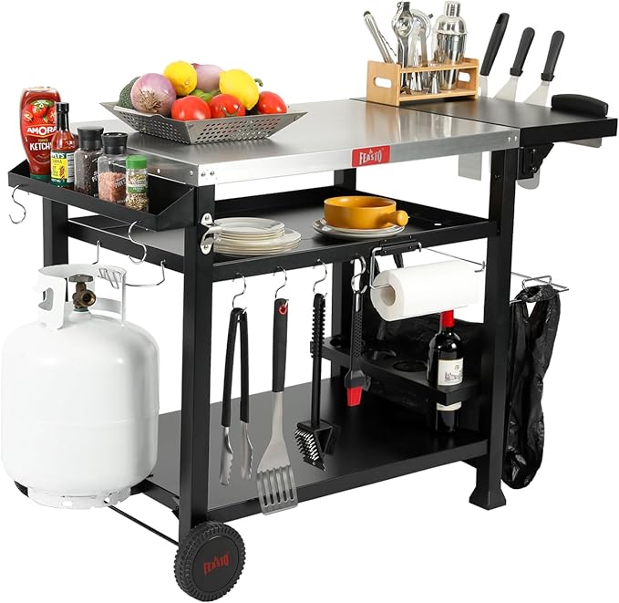 Outdoor Grill Table Cart, Pizza Oven Stand for Outdoor Indoor, 50" x 22" Stainless Steel Tabletop Dining BBQ Grill with Wheels for Food Prep, 3-Shelf Kitchen Cart with Cover