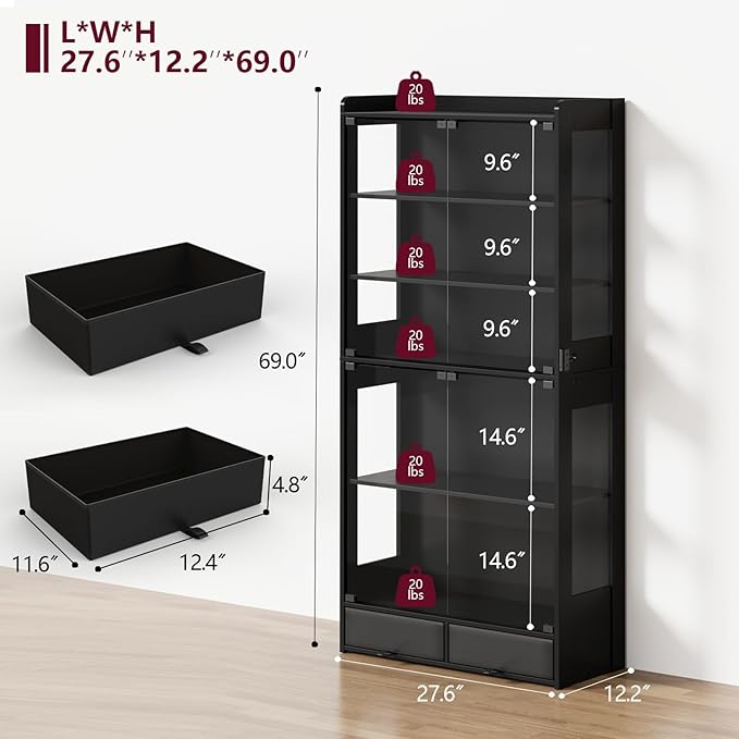 Glass Display Cabinet 69''H with LED Lights, 5-Tier Showcase with Drawers, Collectible Figure Display Case, Freestanding Curio Cabinet, Tall Storage Shelves, Black, 27.6''W
