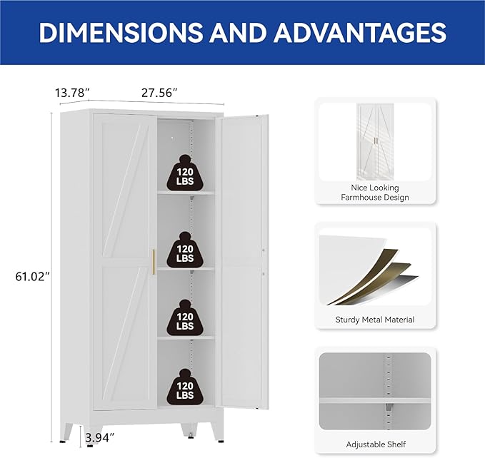 COFaR Metal Storage Cabinet, 61 in Tall Metal Cabinet with 3 Adjustable Shelves and Barn Doors, Farmhouse Cupboard Storage for Kitchen Pantry Garage Laundry, 4-Tier White