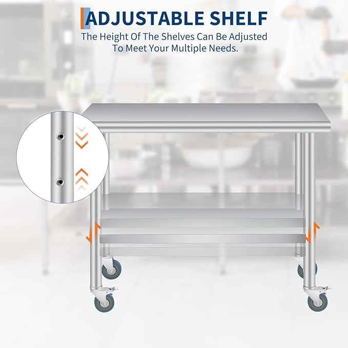  Stainless Steel Prep Table, 24 x 48 Inches Heavy Duty Commercial , with Rounded-Corner, Adjustable Undershelf and 4 Caster Wheels, Heavy Duty Work Table with Adjustable Under Shelf for Outdoor, Res