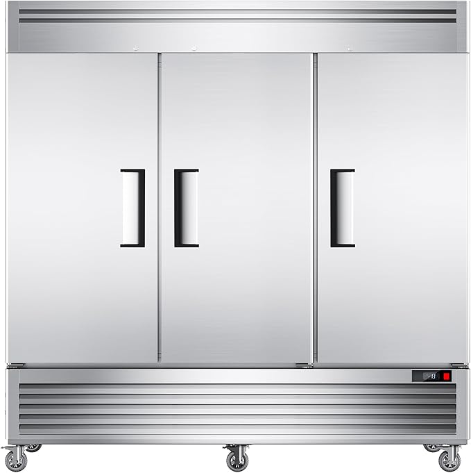 Coolake 82" Width Commercial Refrigerator 3 Solid Doors, 72 Cu.ft Stainless Steel Reach-in Upright Fridge with LED Lighting, Fan Cooling Refrigerator for Restaurant Cafe Hotel Kitchen Prep Area