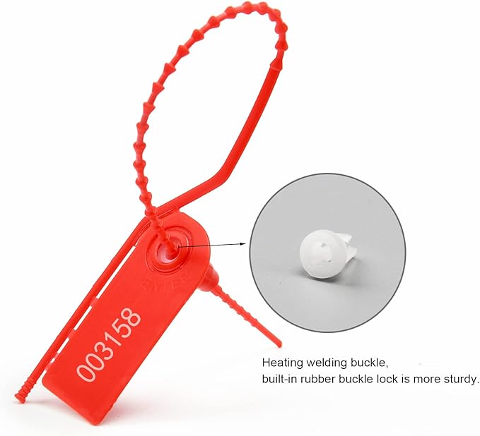 100 PCS Plastic Tamper Seals Pull Tight Security Seals Tags Breakaway Seals Numbered Zip Ties Disposable Self-Locking Ties for Fire Extinguisher, Tear Off Type, 210mm Length