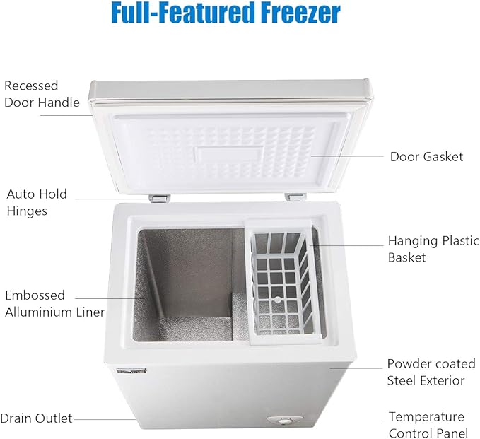 Chest Freezers Compact Mini Deep Freezer WANAI 3.5 Cu.Ft Free-standing Top Door Room Dorm Office Garage Freezer with 7 Adjustable Temp Control Removable Basket for Apartment Basement Business