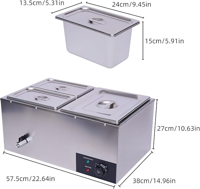3-Pan Commercial Steam Table, Electric Bain Marie Food Warmer 600W Stainless Steel Countertop Buffet Food Warmer Container 21.6Qt with Lid and Tap for Catering, Restaurant, Buffets