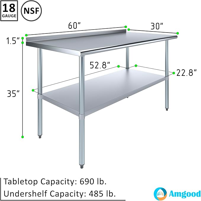 AmGood Stainless Steel Work Table with 1.5" Backsplash | Metal Kitchen Food Prep Table | NSF (60" Long x 30" Deep)