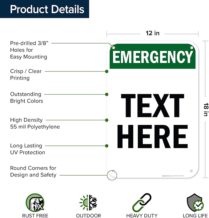 Custom Emergency Sign, OSHA Sign, 12x18 Inches, 55 mil thick HDPE (high density polyethylene), Made in USA by My Sign Center