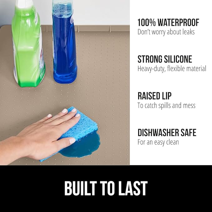 GORILLA GRIP Waterproof Silicone Under Sink Mat with Raised Lip for Kitchen and Bathroom, 34 x 22 in, Cabinet Shelf Liner Stay in Place Mats Dishwasher Safe Drawer Liner, Organizer Tray, Beige