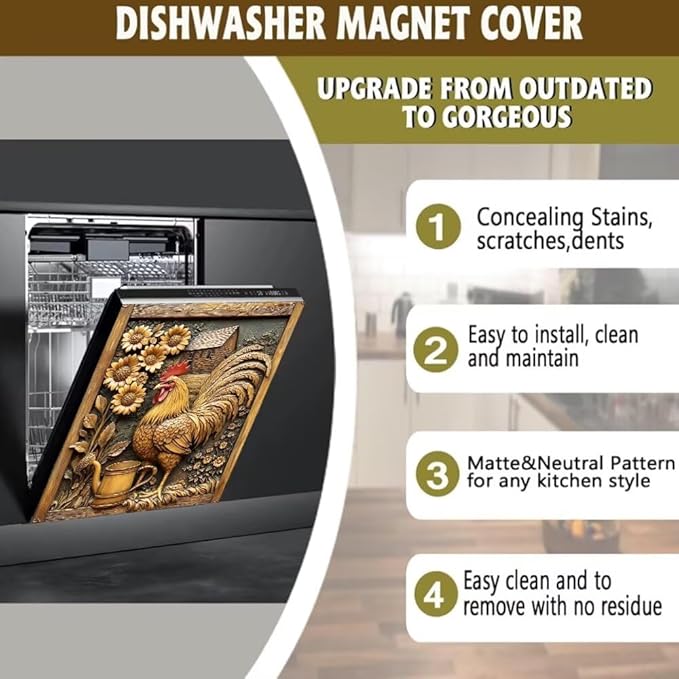Vintage Wooden Sunflowers Magnetic Dishwasher Cover Vinyl Sticker, Rustic Wood Rooster Dishwasher Magnet Cover, Farm Fridge Barn Door Cover Magnets Art Skin Panel Decal for Home Decor, 23"X26"