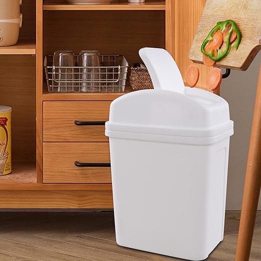 2 Gallon Plastic Samll Swing Top Trash Can, Swing Lid Waste Can, White