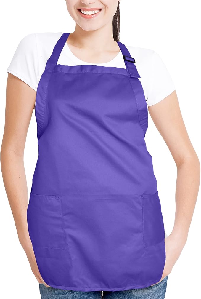 DALIX Apron Commercial Restaurant Home Bib Spun Poly Cotton Kitchen Aprons (2 Pockets) (12, Purple)