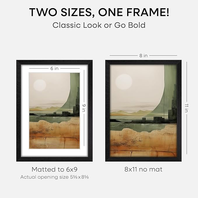 Homeforia 8x11 Black Picture Frame, High End Oak 8 x 11 Wood Frames with Mat 6 by 9 Print, 8by11 Wooden Frame Matted to 6x9 inch Photo, 11x8 Wall or Tabletop Frames, Tempered Glass, Wall Kit, Set of 2
