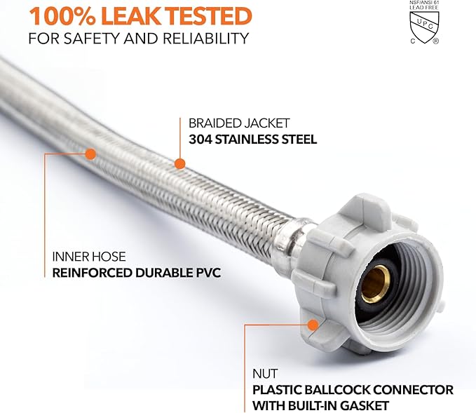 Stainless Steel Braided Water Connectors with Reinforced PVC Inner Hose for Toilets, 3/8" Compression x 7/8" Ballcock, 20" Length (5Pack)